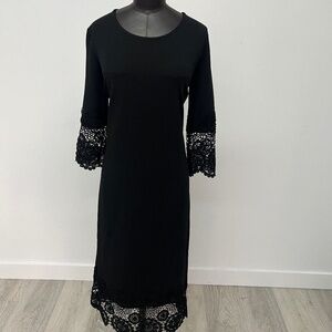 Black Lace Trim Shift Dress | Crochet Hem & Sleeve Detail | Elegant Dress